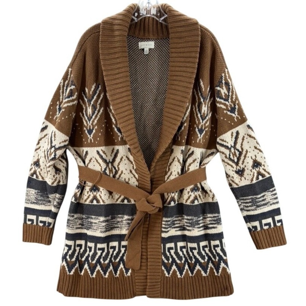 Lucky Brand Cardigan Sweater Womens L Brown Southwestern Belted Shawl Collar